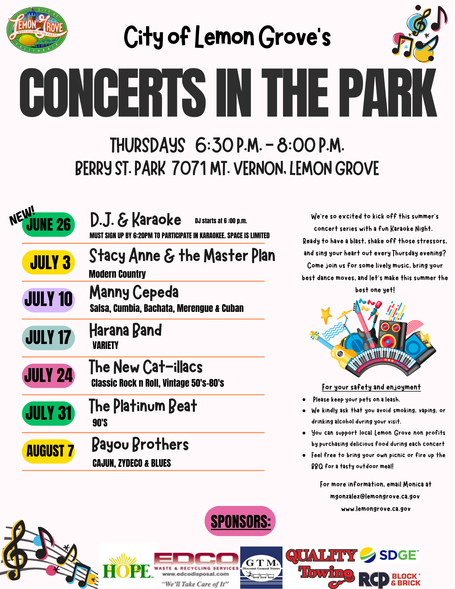 Concerts in the Park schedule