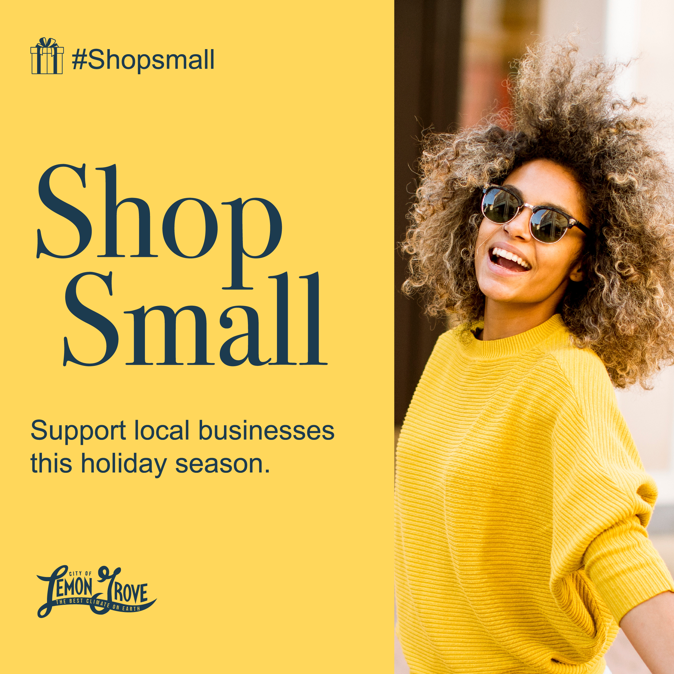 Shop Local Graphic With a Woman Smiling